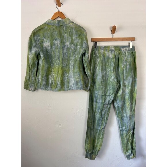 Pure Amici XS Green Tie-Dye 100% Linen Jacket & Jogger Pants Set - Picture 3 of 14
